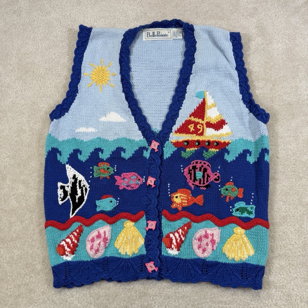 BellePointe Sweater Vest Womens XL Blue Beach Fish Tropical Underwater